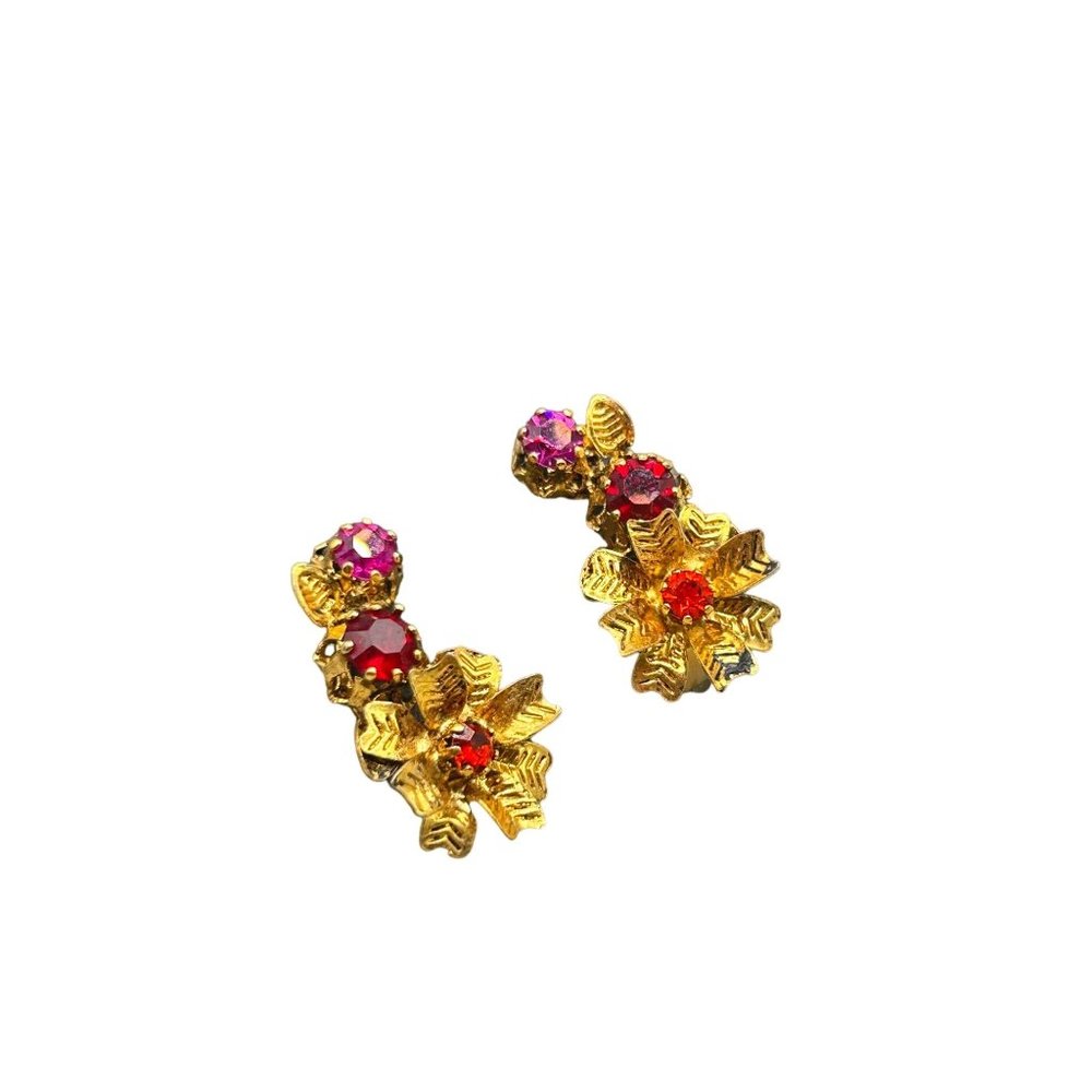 Vintage Signed Austria Clip On Earrings Pink Red Tones Floral Climber Design
